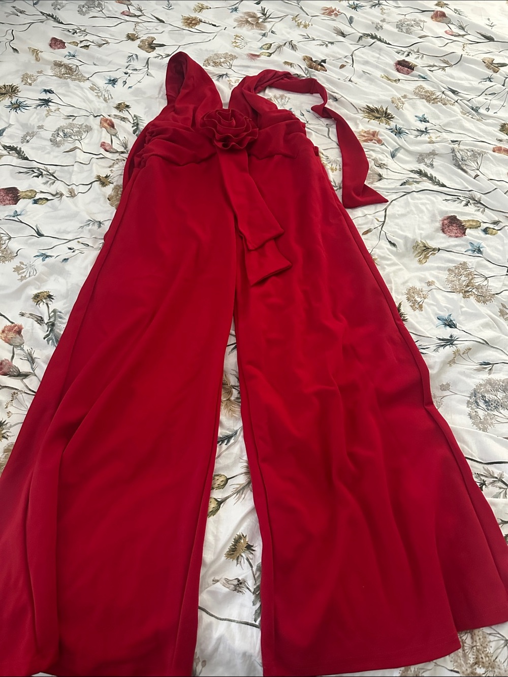 SHEIN Red Halter Wide-Leg Jumpsuit with Rosette Waist